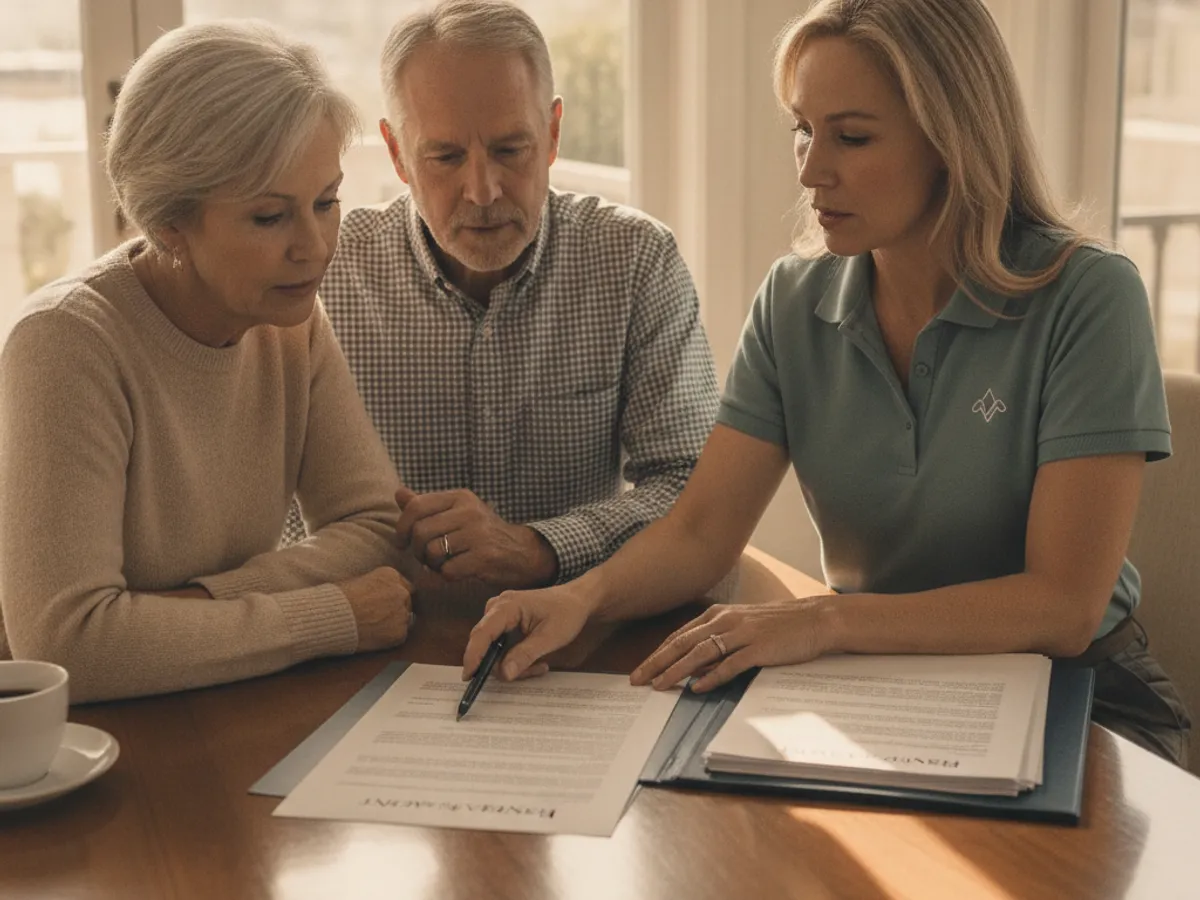 An older couple reviewing a park rental agreement and space rent paperwork with an advisor at a table