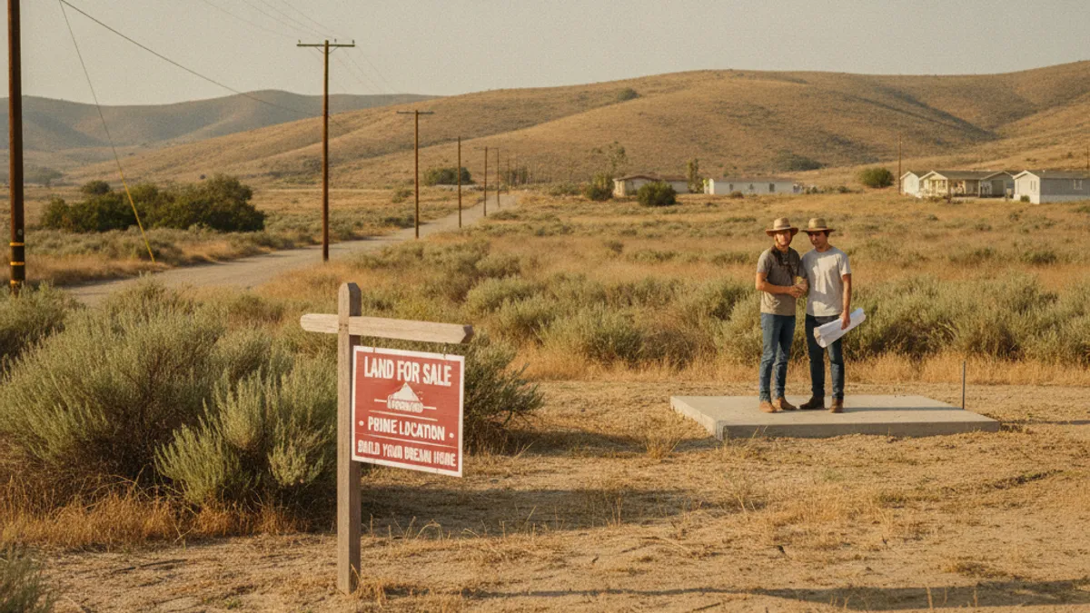A vacant lot with a for-sale sign in a rural San Diego County area with utility poles visible along the access road
