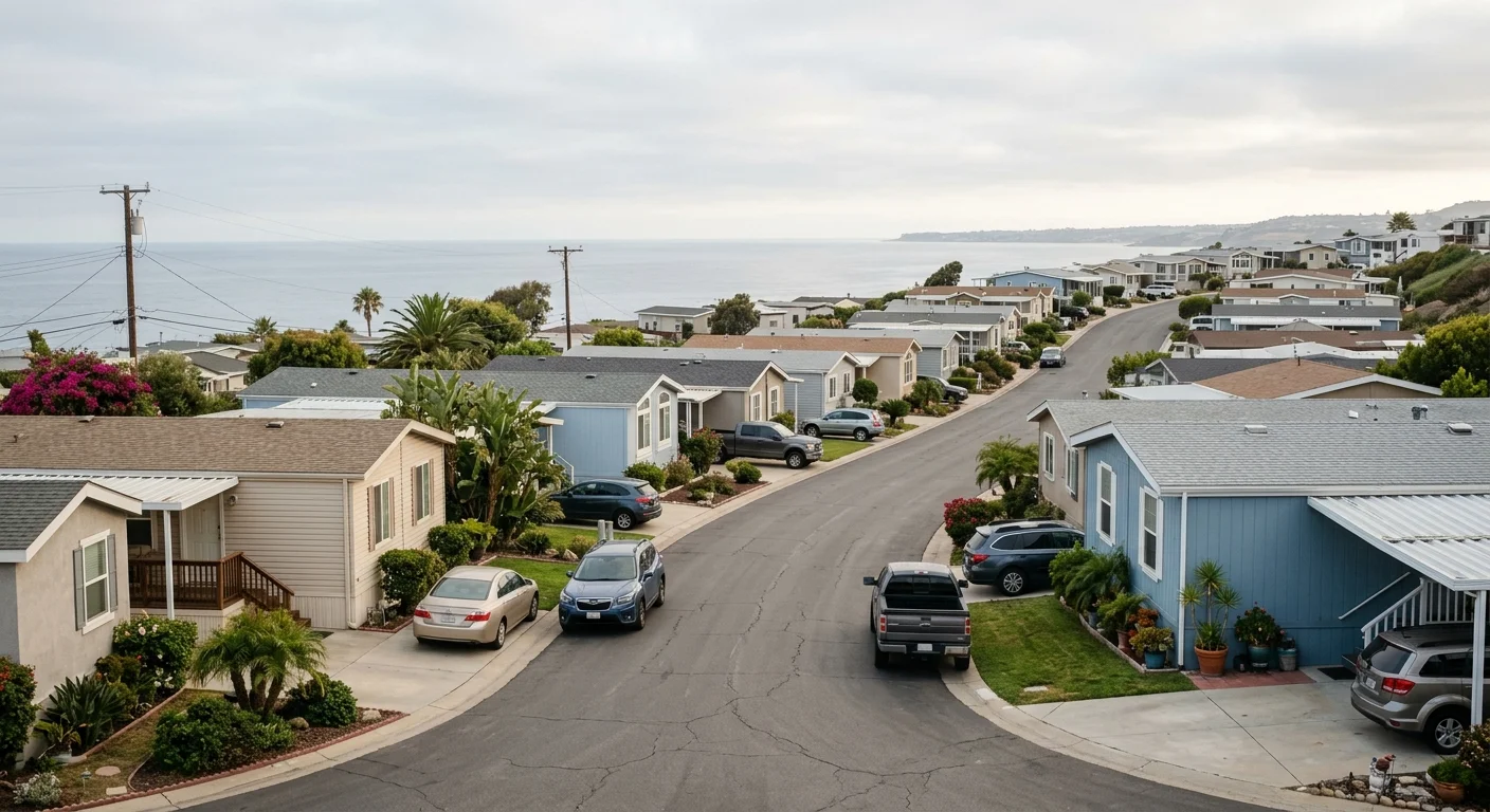 Coastal South Bay mobile-home community under a marine-layer sky