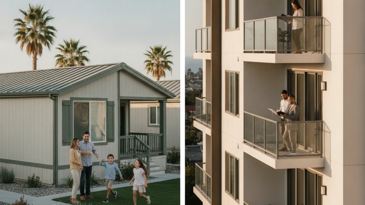 A side-by-side comparison scene of a manufactured home in a community and a condo building in San Diego County