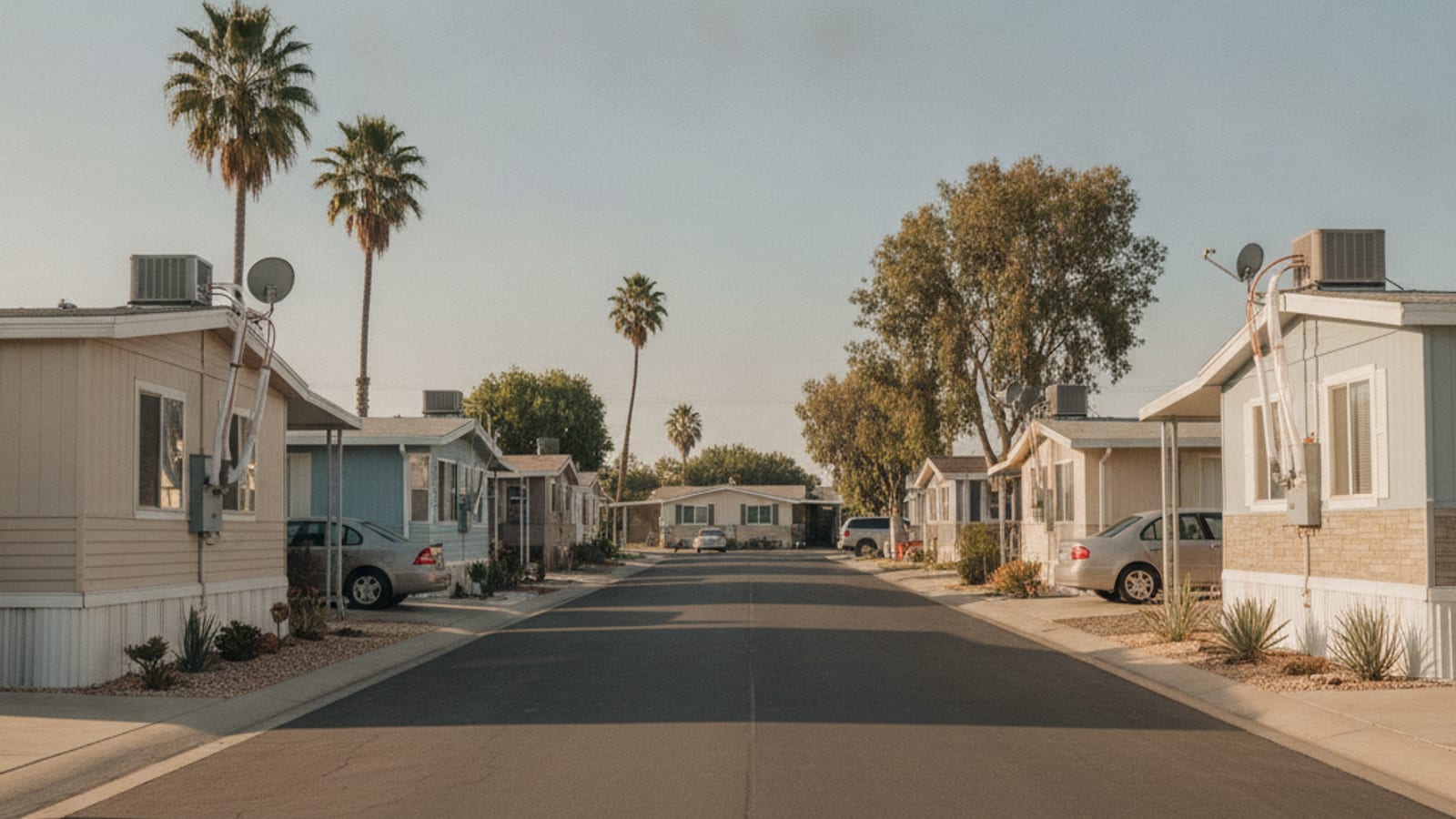 A mobile home park street in San Diego County with well-kept homes, small front yards, and palm trees under a clear afternoon sky