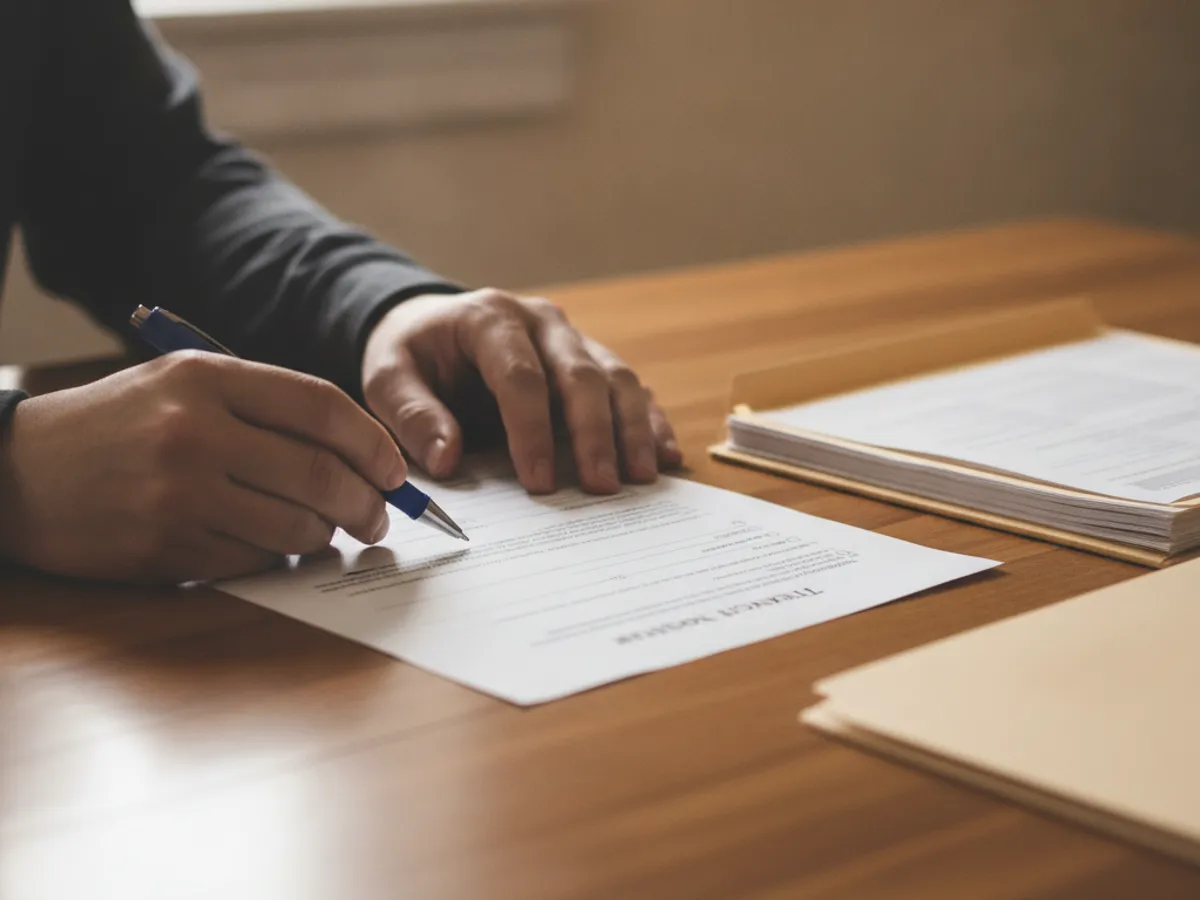 Close-up of hands signing a California title transfer document at a kitchen table with a pen