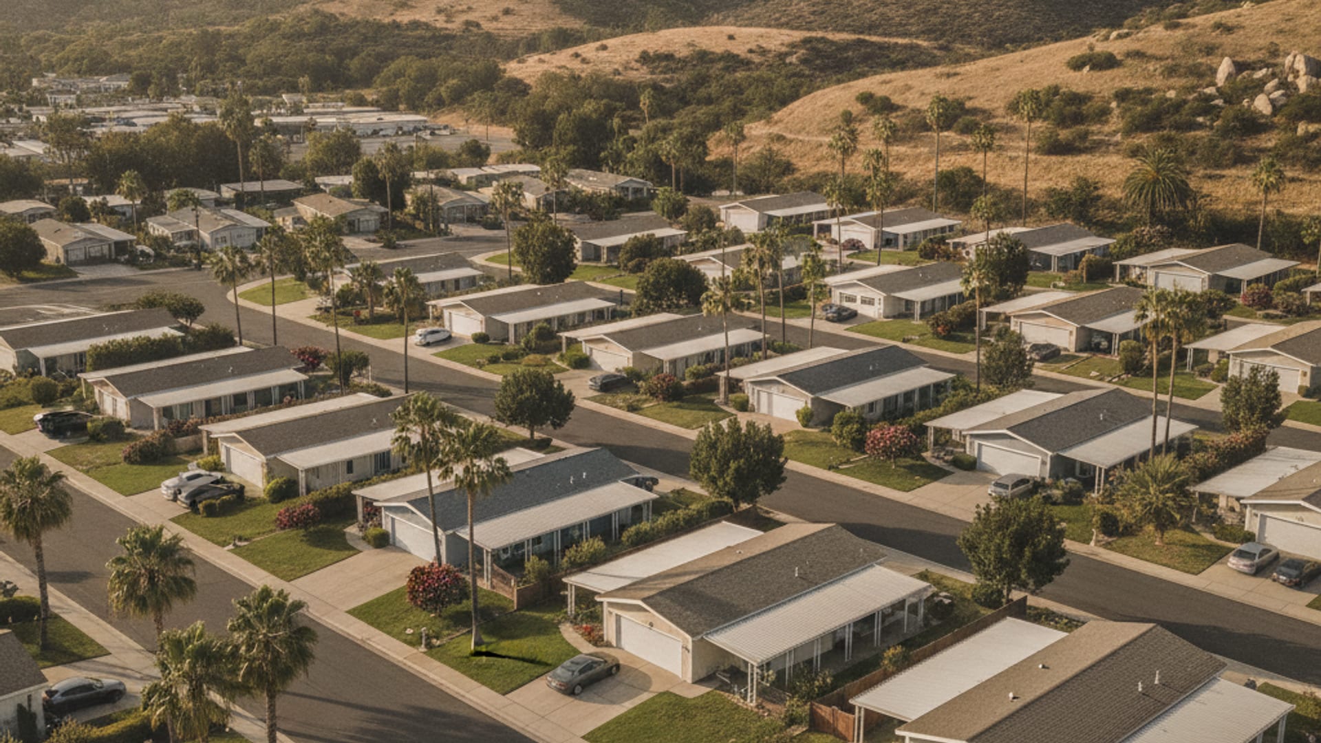 Aerial view of a San Diego County residential neighborhood with manufactured and modular homes on tree-lined streets