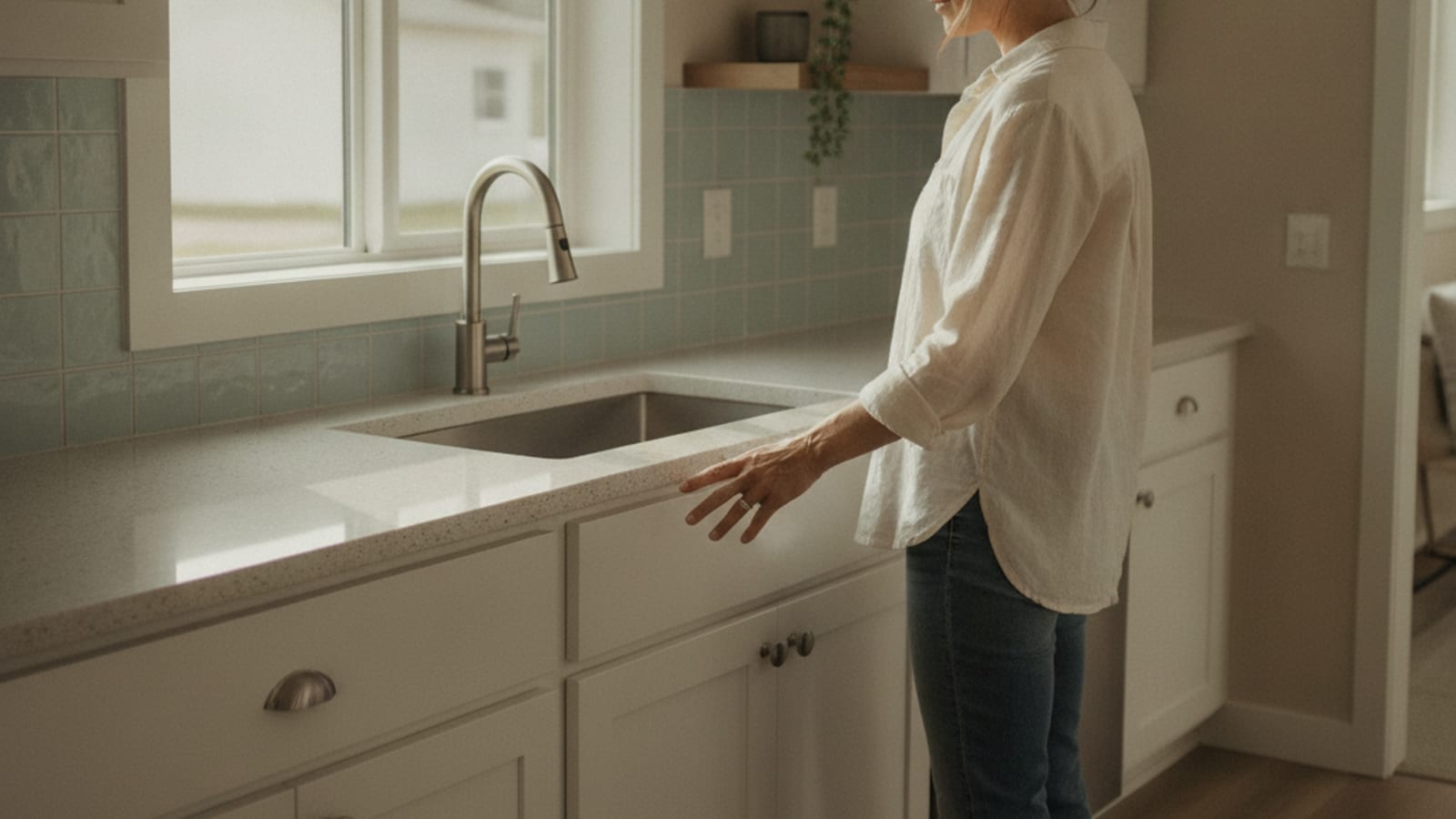 Homebuyer walking through a manufactured home model, examining the kitchen cabinets and finishes
