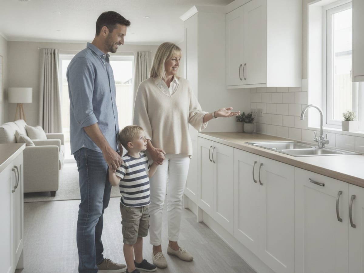 Couple reviewing blueprints and documents at a table representing the manufactured home planning process